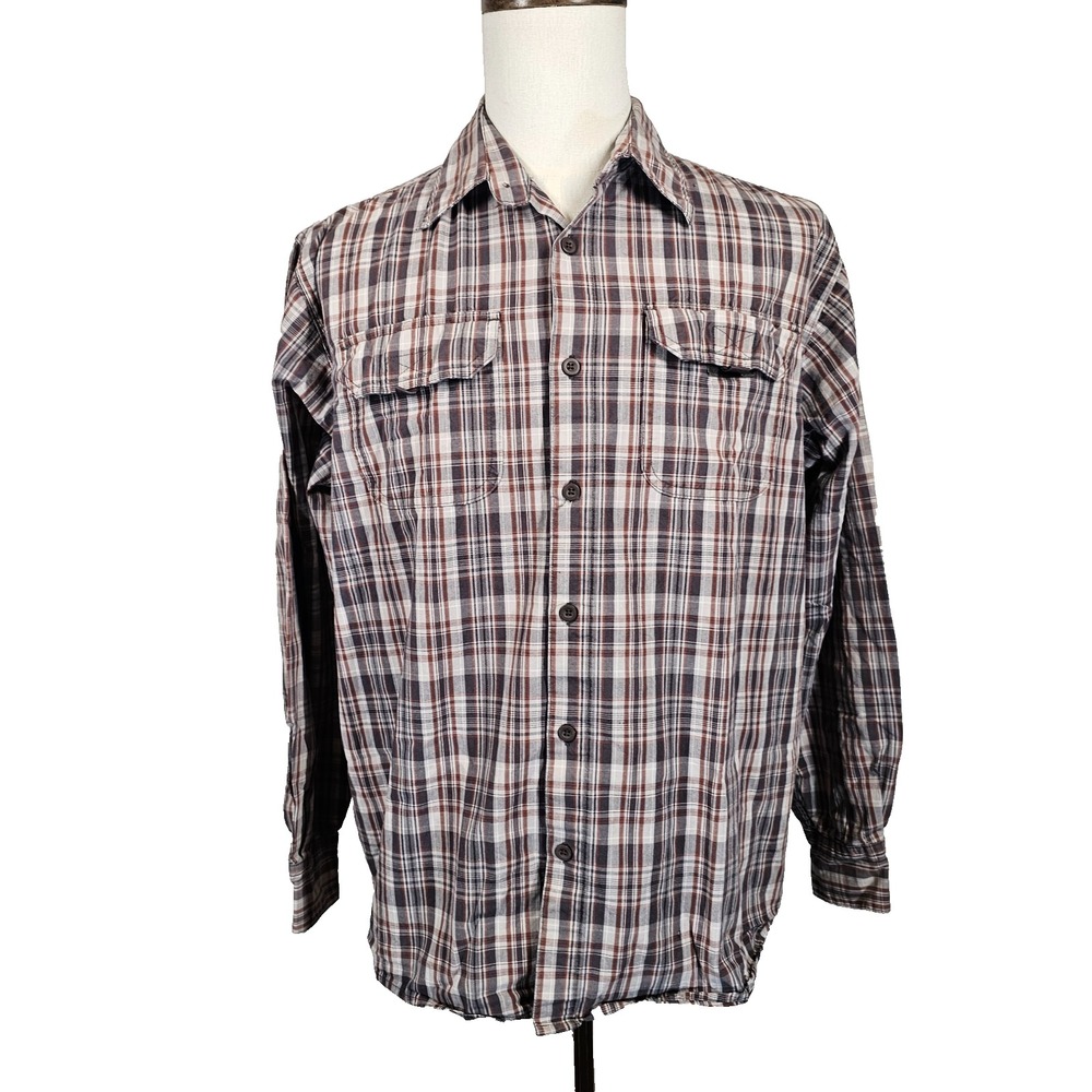 Wrangler Mens Western Shirt Large Button Down Long Sleeve Brown Plaid Cowboy